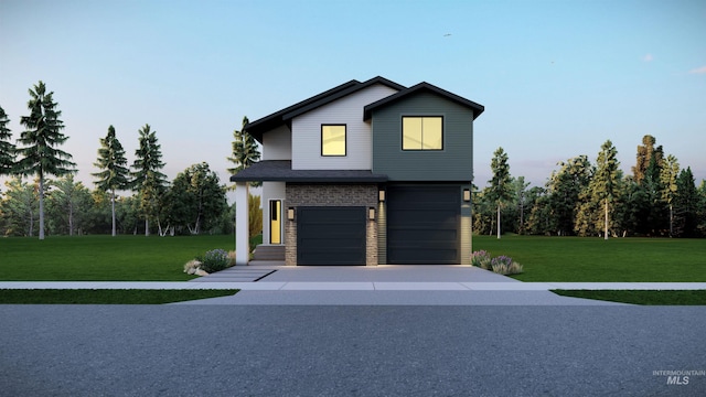 view of front facade with an attached garage, driveway, stone siding, roof with shingles, and a front yard