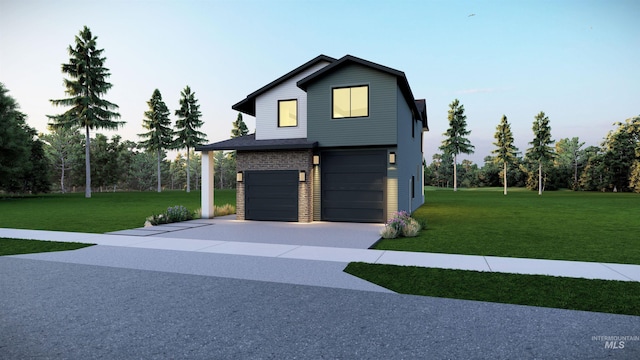 view of front facade with a garage, a front yard, brick siding, and driveway