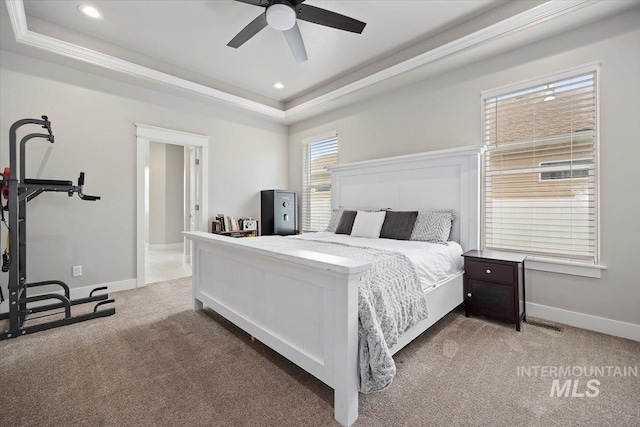 bedroom with carpet flooring, ceiling fan, and a tray ceiling