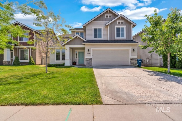 12041 W Ardyce, Boise, ID 83713 - craftsman inspired home with board and batten siding, stone siding, concrete driveway, an attached garage, and a front lawn