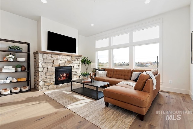 living room featuring a fireplace and light hardwood / wood-style floors