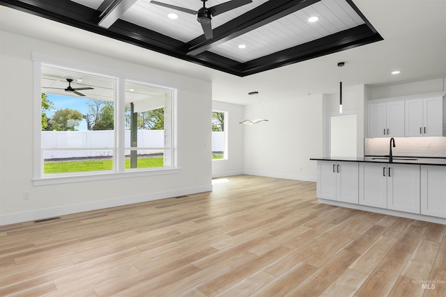 unfurnished living room with sink, ceiling fan, light hardwood / wood-style floors, coffered ceiling, and beam ceiling