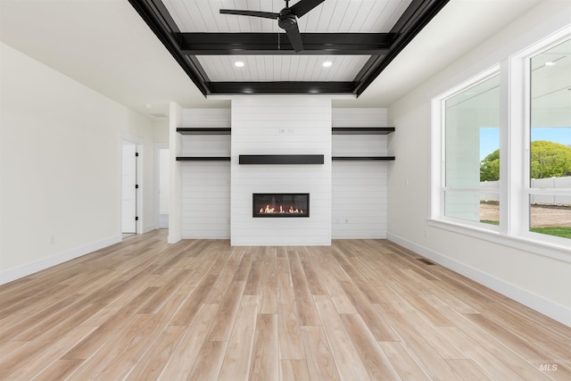 unfurnished living room featuring light hardwood / wood-style floors, ceiling fan, and a fireplace