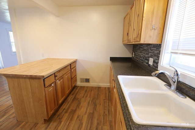 kitchen featuring backsplash, butcher block counters, sink, and dark wood-type flooring