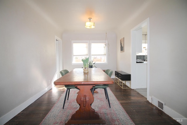 dining room featuring dark wood-type flooring, visible vents, and baseboards