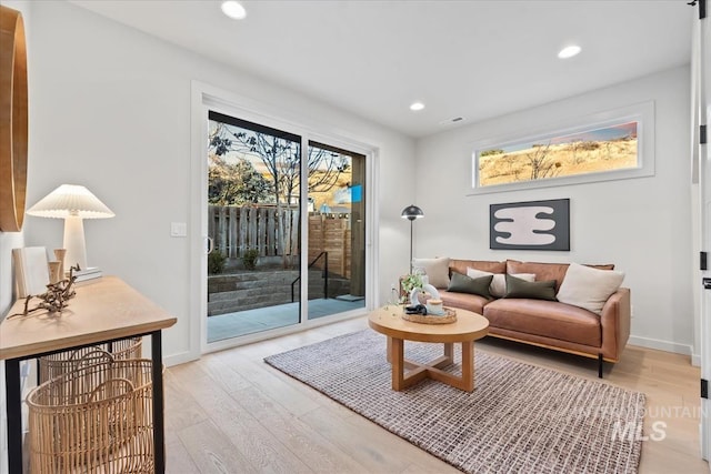 living room with a wealth of natural light and light hardwood / wood-style flooring