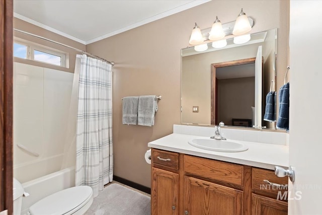 bathroom with vanity, ornamental molding, toilet, and shower / tub combo with curtain