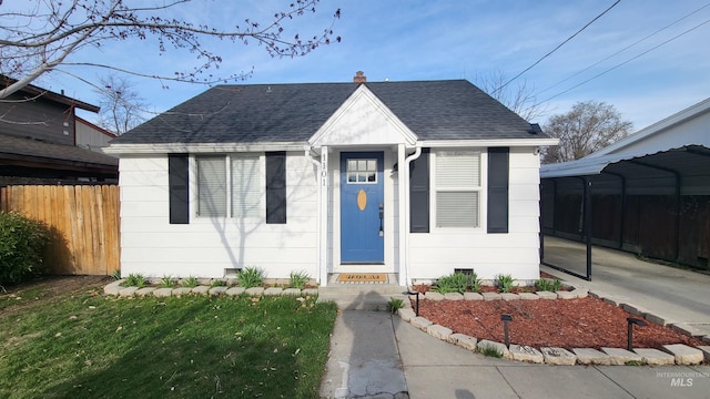 1101 Clithero Dr, Boise, ID 83703 - view of front of house with crawl space, roof with shingles, a chimney, and fence