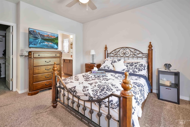 449 View Ave, Twin Falls, ID 83301 - bedroom with light colored carpet, ensuite bath, a ceiling fan, and baseboards