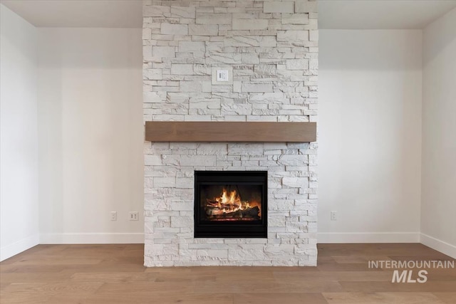 details featuring baseboards, wood finished floors, and a stone fireplace