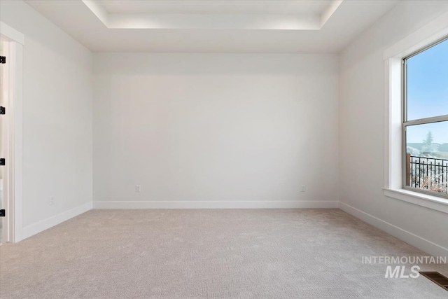 spare room with light colored carpet, a raised ceiling, visible vents, and baseboards