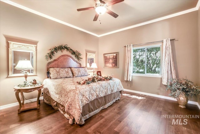 1548 Creek Stone Cir, Twin Falls, ID 83301 - bedroom with dark wood-type flooring, ornamental molding, and a ceiling fan