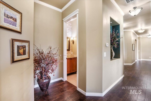 1548 Creek Stone Cir, Twin Falls, ID 83301 - corridor with crown molding and dark wood finished floors