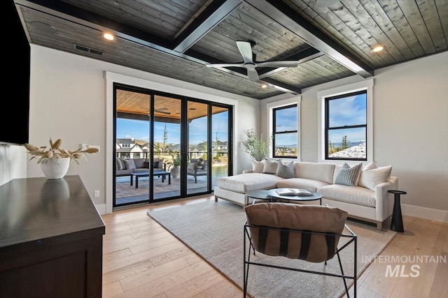 living area with wood ceiling, light wood-style flooring, baseboards, beam ceiling, and visible vents
