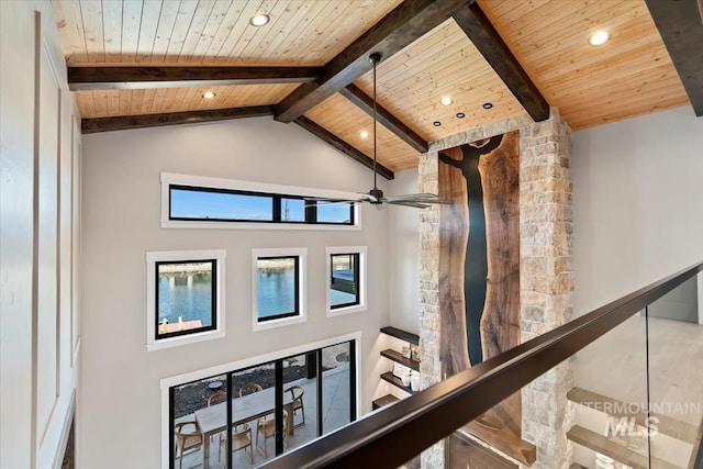 interior space featuring beamed ceiling, wooden ceiling, recessed lighting, and high vaulted ceiling
