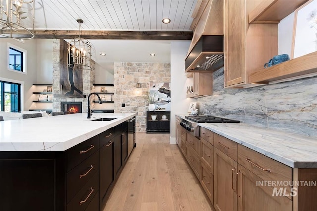 kitchen with stainless steel appliances, light wood-style flooring, a sink, open floor plan, and a fireplace