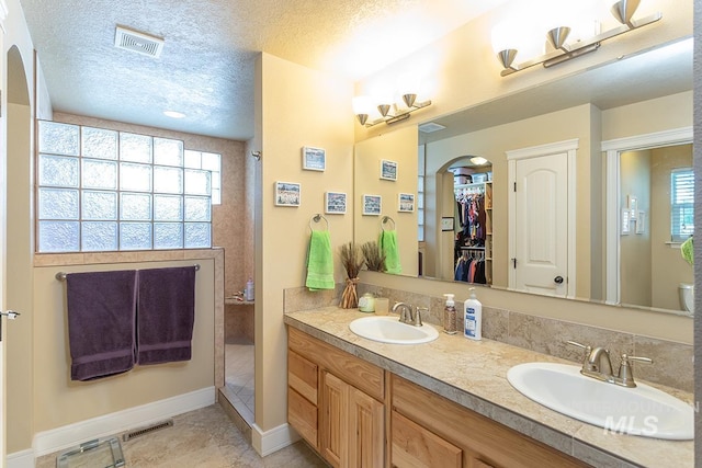 1719 E Horse Creek Ct, Meridian, ID 83642 - bathroom with double vanity, walk in shower, a spacious closet, a textured ceiling, and baseboards