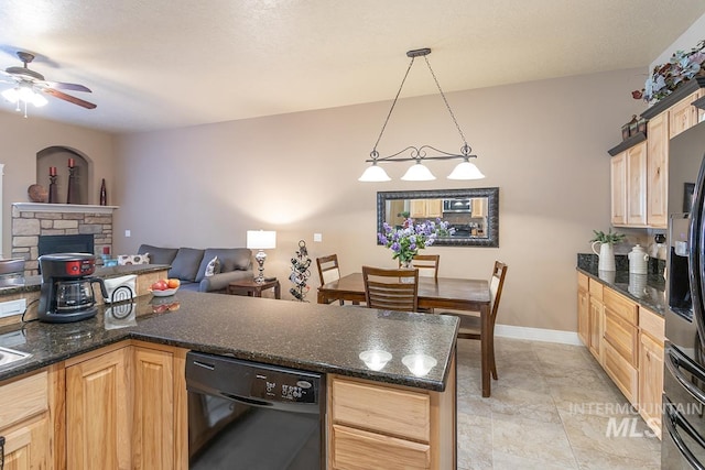 1719 E Horse Creek Ct, Meridian, ID 83642 - kitchen featuring dishwasher, light brown cabinets, ceiling fan, refrigerator with ice dispenser, and open floor plan