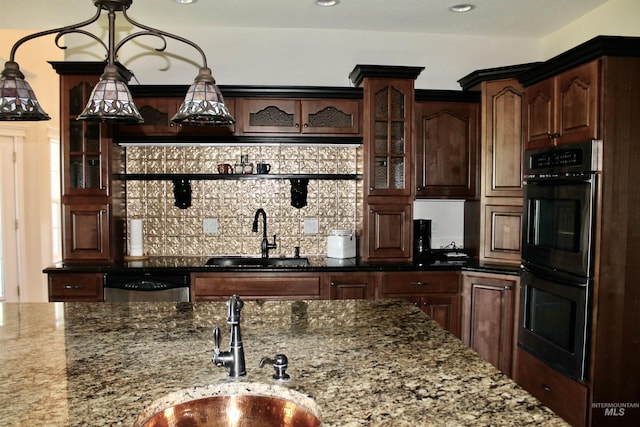 3703 E 3793 N, Kimberly, ID 83341 - kitchen with appliances with stainless steel finishes, decorative backsplash, light stone counters, glass insert cabinets, and recessed lighting