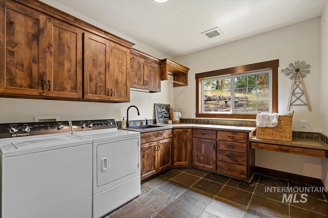 3801 S Carpenter Loop, Post Falls, ID 83854 - clothes washing area featuring cabinet space, a sink, separate washer and dryer, stone tile floors, and visible vents