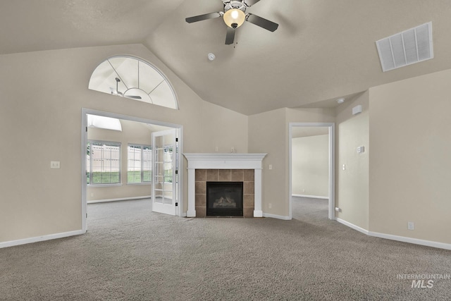 2870 N Cloverdale, Boise, ID 83713 - unfurnished living room with ceiling fan, carpet flooring, a fireplace, and high vaulted ceiling