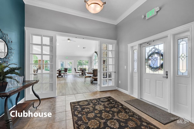 2870 N Cloverdale, Boise, ID 83713 - foyer entrance featuring tile patterned floors, crown molding, french doors, and ceiling fan