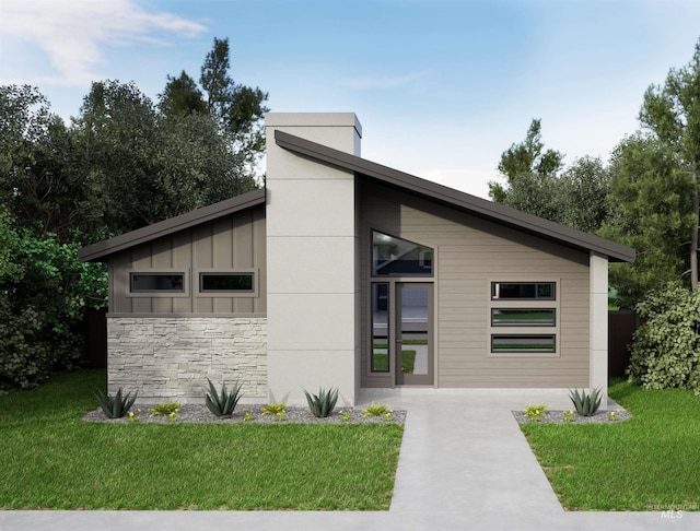 3535 E Warm Springs Ave, Boise, ID 83716 - contemporary house featuring board and batten siding, a front yard, and stone siding
