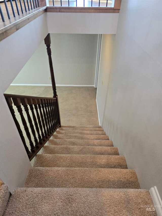 stairway featuring carpet flooring and a towering ceiling