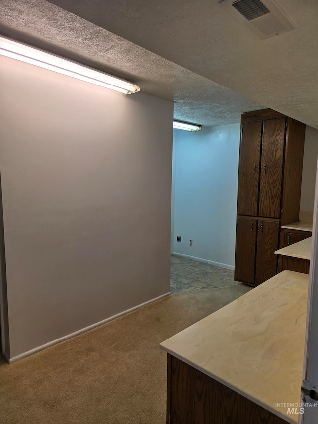 interior space featuring light carpet and a textured ceiling