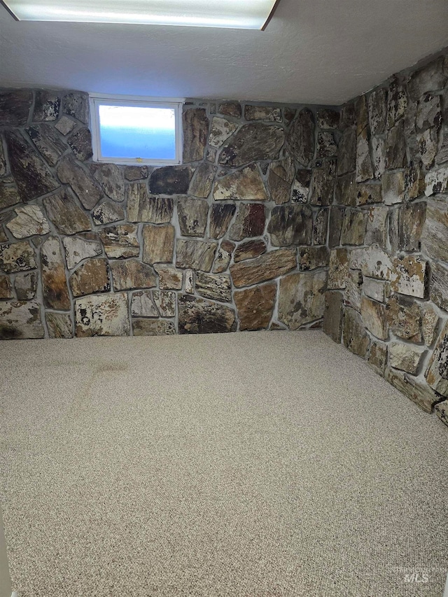 basement with carpet flooring and a textured ceiling