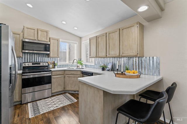 kitchen with a peninsula, stainless steel appliances, a sink, and light brown cabinetry