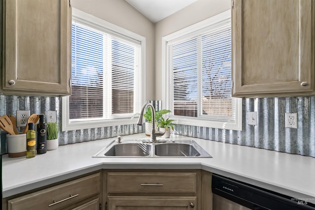 kitchen featuring decorative backsplash, plenty of natural light, a sink, and stainless steel dishwasher