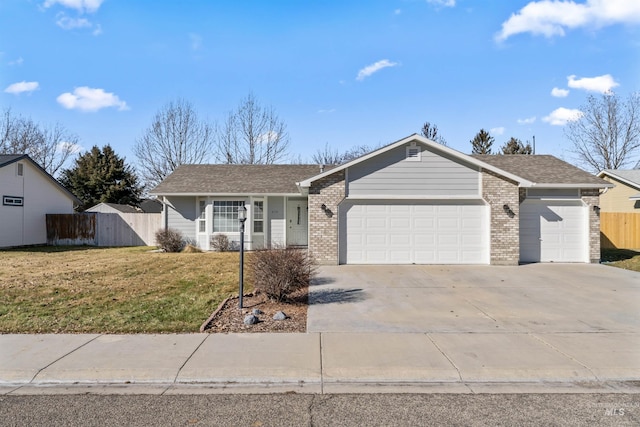 single story home featuring driveway, a front lawn, an attached garage, and fence