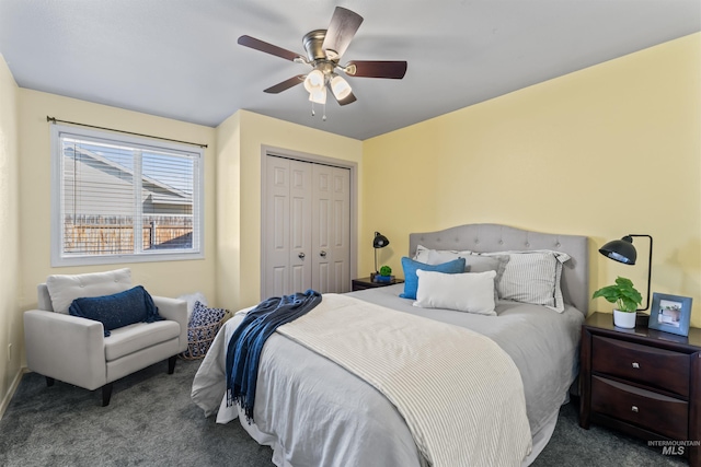 bedroom with a closet, carpet flooring, and ceiling fan