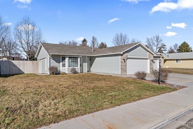 single story home featuring a garage, brick siding, fence, driveway, and a front lawn