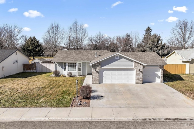 single story home with a garage, a front lawn, fence, and brick siding