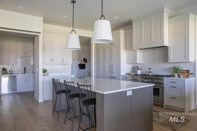 kitchen with tasteful backsplash, stainless steel appliances, light countertops, a kitchen island, and light wood finished floors