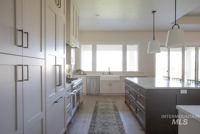 kitchen featuring a sink, stainless steel appliances, light countertops, a center island, and light wood finished floors