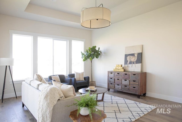 living room with wood finished floors, a healthy amount of sunlight, and baseboards