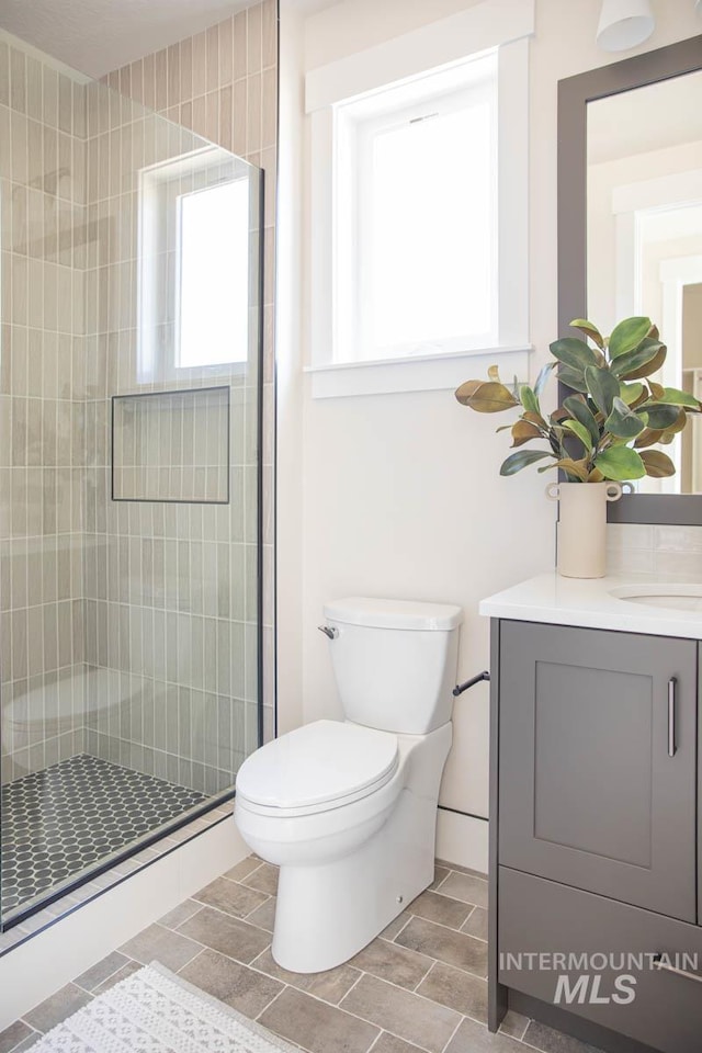 bathroom featuring toilet, a shower stall, and vanity