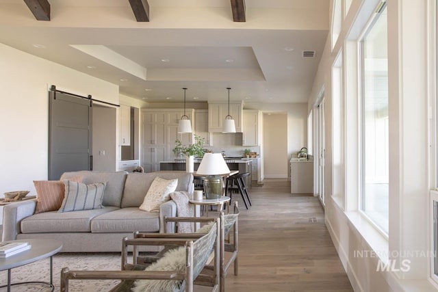 living area featuring recessed lighting, a barn door, light wood-type flooring, visible vents, and a tray ceiling
