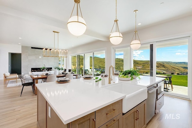 5935 E Marmount Ct, Boise, ID 83716 - kitchen featuring an island with sink, light wood-style flooring, open floor plan, light countertops, and decorative light fixtures