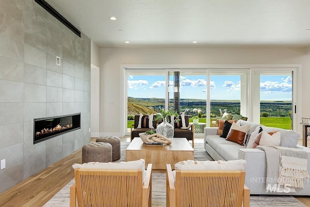 5935 E Marmount Ct, Boise, ID 83716 - living area with wood finished floors, recessed lighting, and a tile fireplace