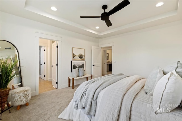 2316 E Valensole St, Meridian, ID 83642 - bedroom with a raised ceiling, recessed lighting, light carpet, baseboards, and a ceiling fan