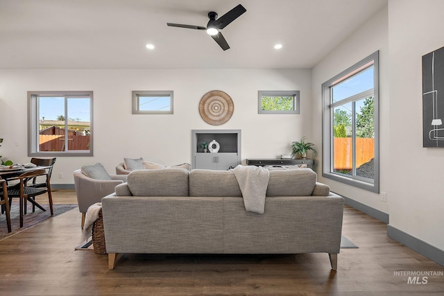 6825 W Ustick, Boise, ID 83704 - living room featuring baseboards, a ceiling fan, recessed lighting, and wood finished floors
