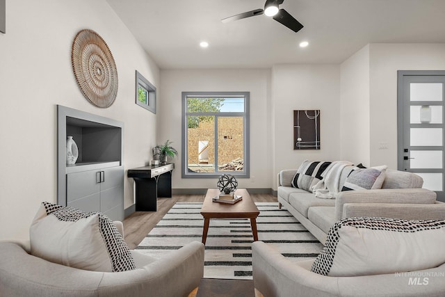 6825 W Ustick, Boise, ID 83704 - living room featuring light wood-style floors, recessed lighting, baseboards, and ceiling fan