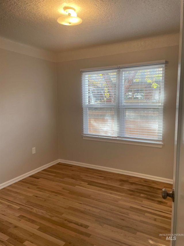 empty room with wood-type flooring and a textured ceiling