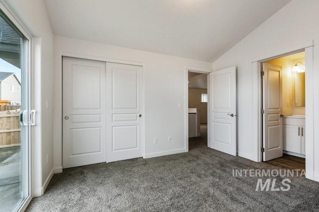 1116 N Peakhurt Ave, Kuna, ID 83634 - unfurnished bedroom featuring vaulted ceiling, carpet floors, a closet, and ensuite bathroom