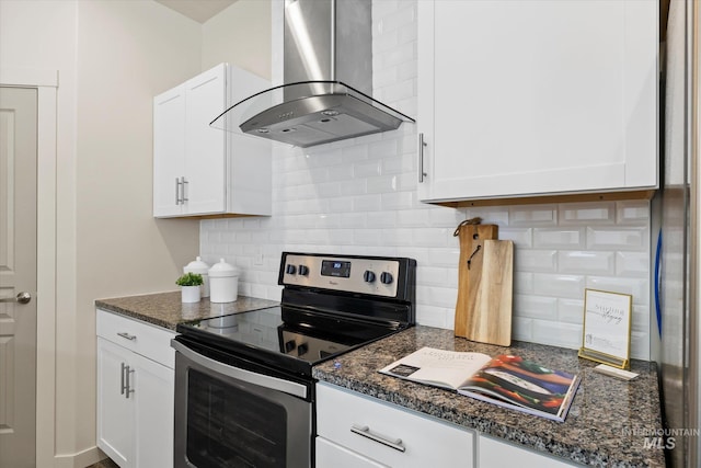 2089 W Claira Rd, Nampa, ID 83651 - kitchen with stainless steel range with electric cooktop, ventilation hood, backsplash, white cabinetry, and dark stone countertops