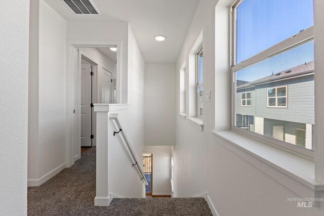 7439 W Swain Ln, Garden City, ID 83714 - corridor featuring baseboards, carpet floors, an upstairs landing, and visible vents
